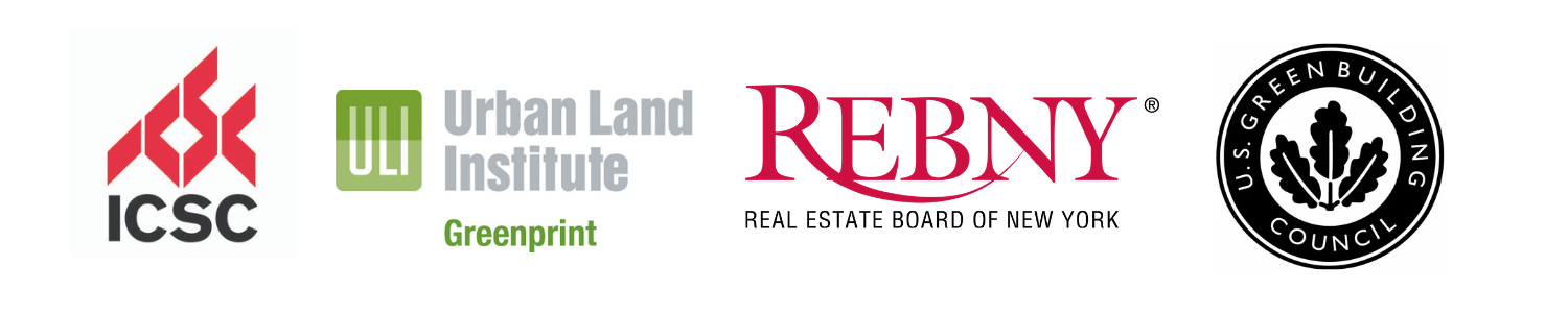 Logos for ICSC, Urban Land Institute Greenprint,  Real Estate Board of NY, and U.S. Green Building Council