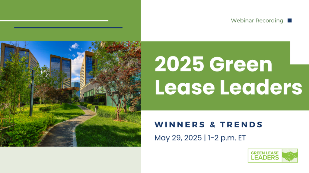Promotional graphic for the '2025 Green Lease Leaders' webinar recording. The left side features a vibrant image of a modern, glass-walled office complex surrounded by greenery and a walking path. The right side contains text on a green and white background: '2025 Green Lease Leaders – Winners & Trends – May 29, 2025 | 1–2 p.m. ET.' The top right corner says 'Webinar Recording' and the bottom includes the Green Lease Leaders logo.