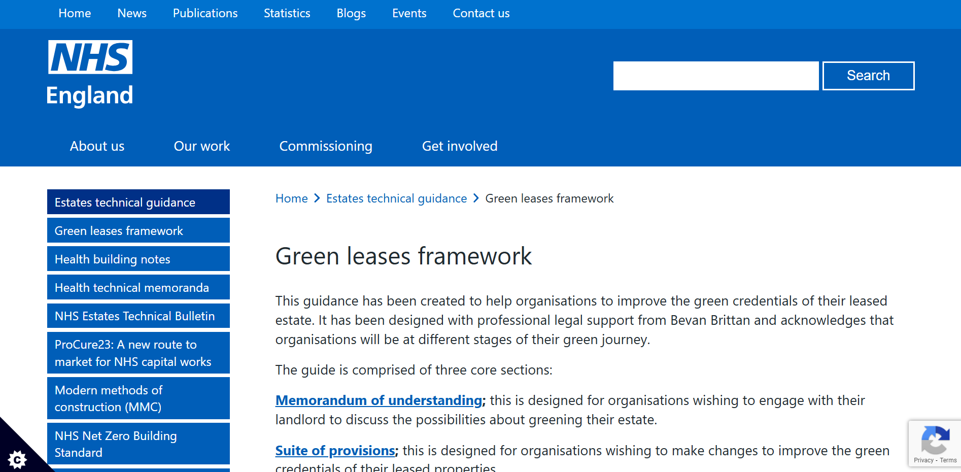NHS England’s Green Leases Framework resource page offering guidance to help organizations improve the environmental performance of leased estate. Includes sections on Memorandum of Understanding, Suite of Provisions, and how to engage landlords in sustainability efforts. Part of NHS Estates technical guidance.