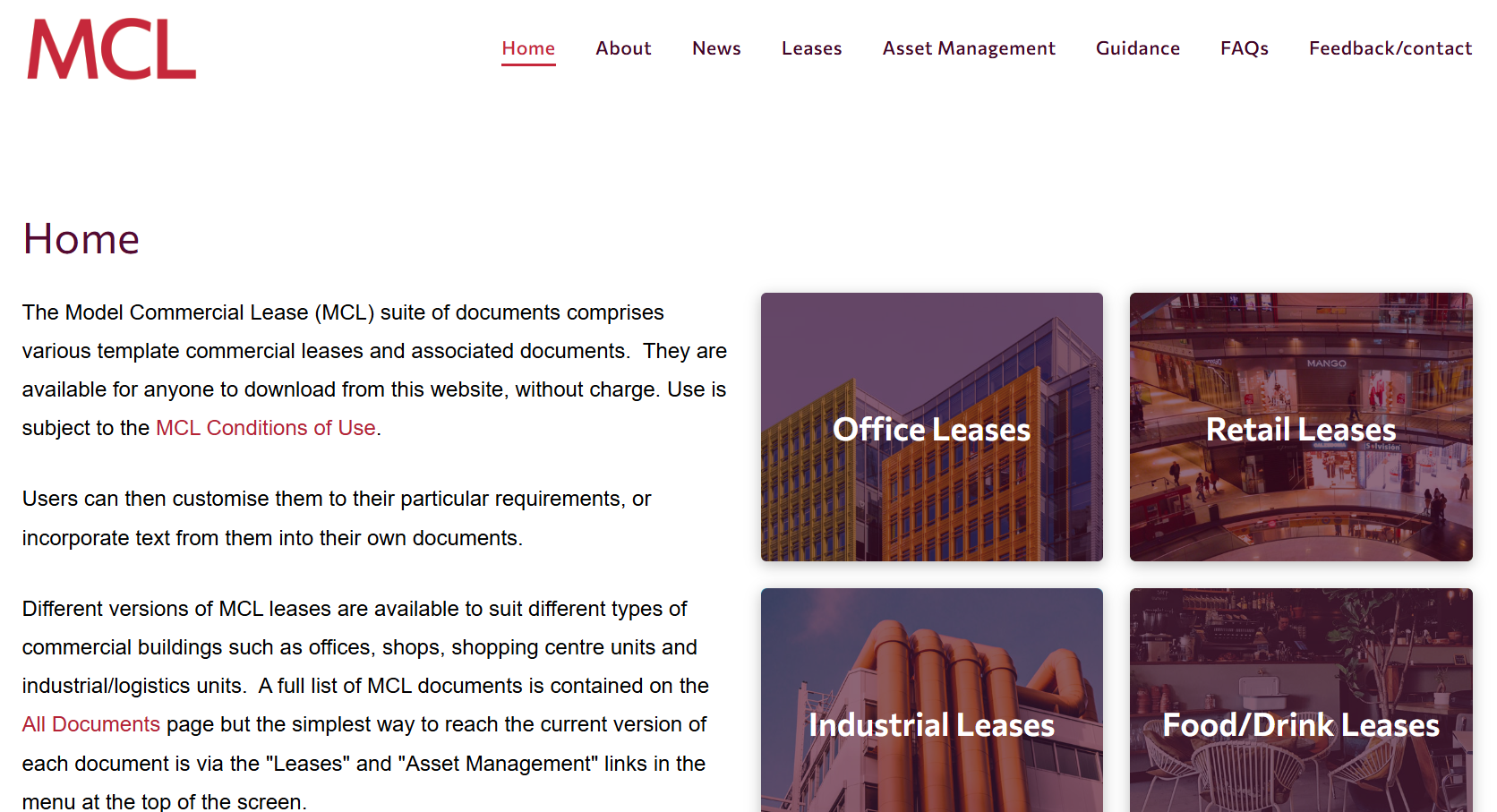 Model Commercial Lease (MCL) website offering free, customizable template documents for office, retail, industrial, and food/drink leases. Users can download and adapt these commercial lease templates to fit different property types, with additional guidance available through asset management and legal support links.